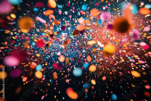 A vibrant confetti explosion with colors bursting in all directions, set against a dark background, creating a dynamic and energetic celebration photo