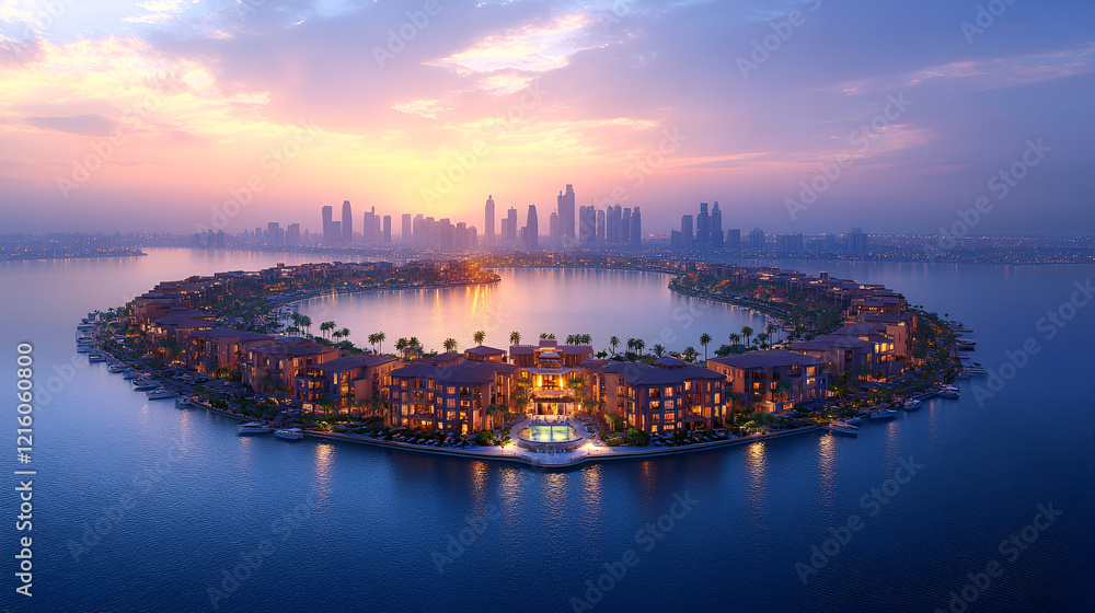 Naklejka premium Aerial view of a circular island city with glowing lights, futuristic skyline, and calm ocean waters at sunset