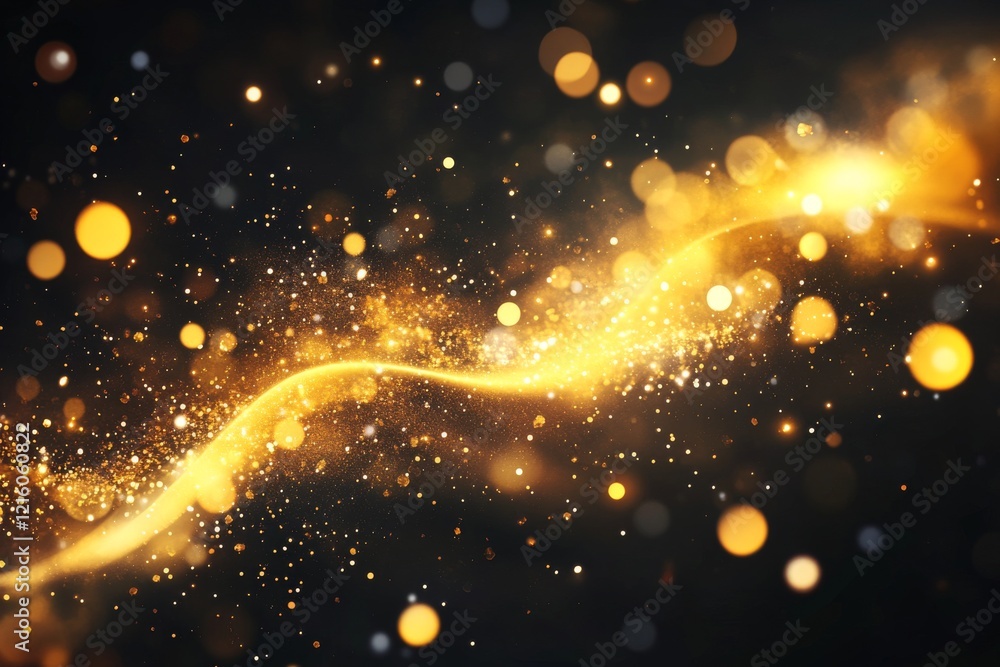 Dynamic golden particles and light trail abstract glowing background