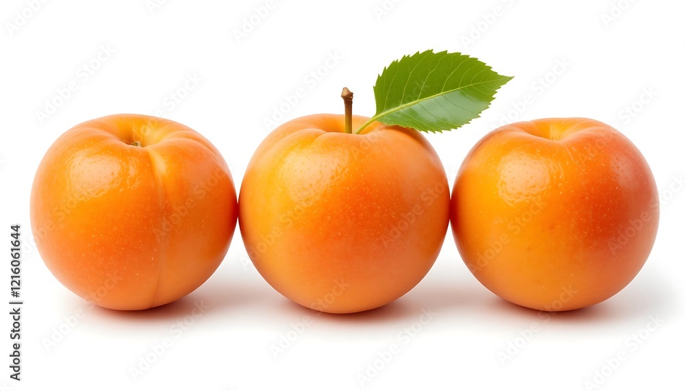 Three ripe juicy orange apricots in a row isolated on white background, close-up view of fresh summer fruits Three ripe juicy orange apricots in a row isolated on white background, close-up view of fresh summer fruits