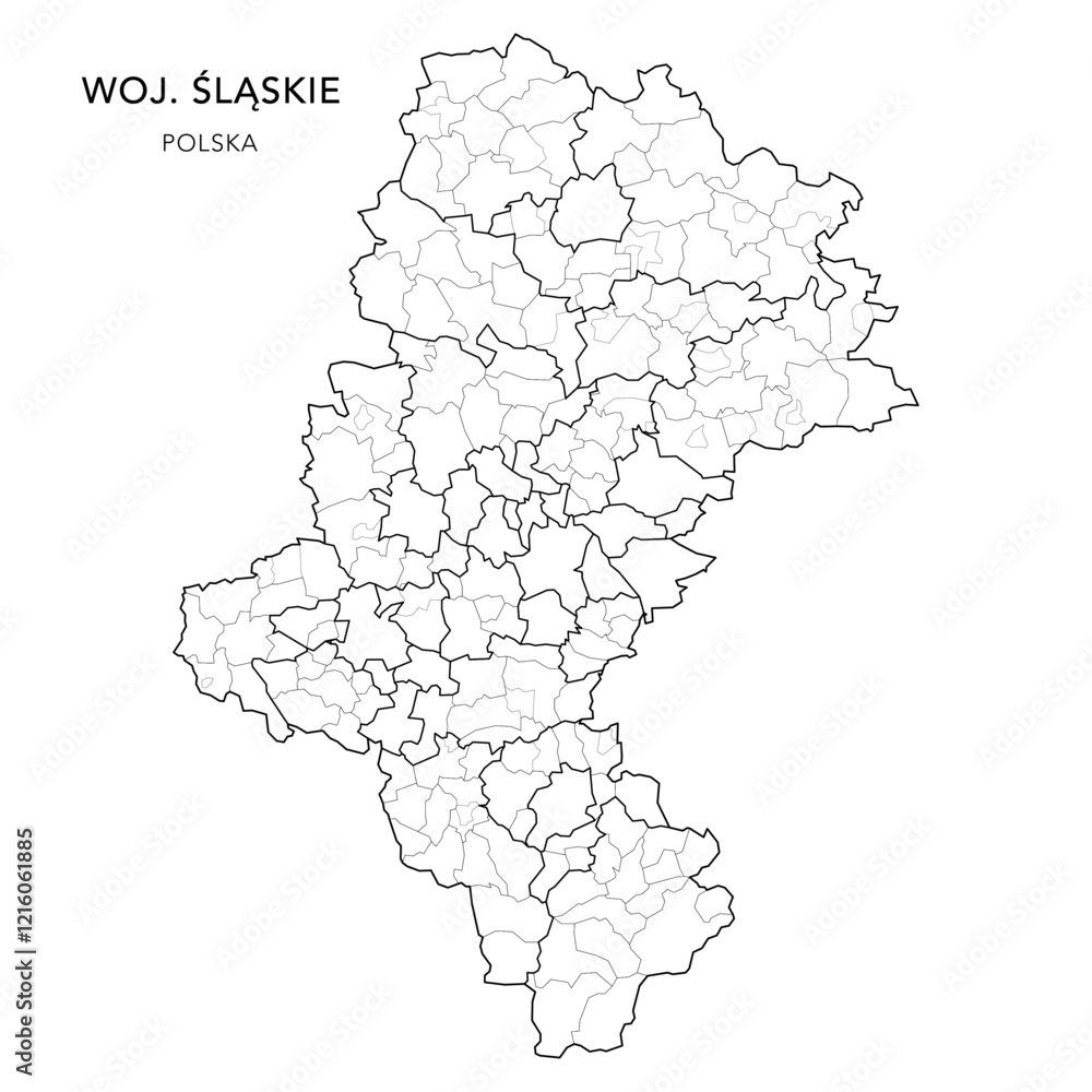Obraz premium Administrative Map of the Silesian Voivodeship (Śląskie) with Municipality Areas (Obszary Gmin), Municipalities (Gminy), and Counties (Powiaty) Subdivisions as of 2025 - Poland (Polska) - Vector Map