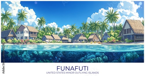 Funafuti United states minor outlying islands Travel Poster Flat Illustration Print Decor Gift Canvas Wall Art photo