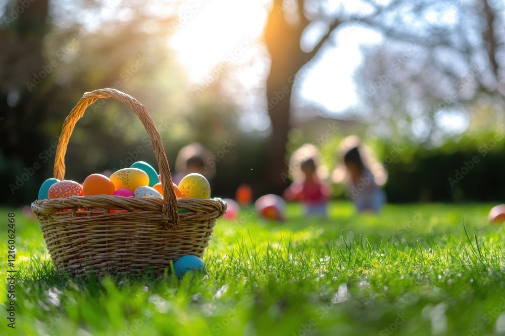 Easter celebration scene a basket brimming with colorful eggs on lush green grass morning light family fun outdoor activity joyful atmosphere Easter celebration scene a basket brimming with colorful eggs on lush green grass morning light family fun outdoor activity joyful atmosphere