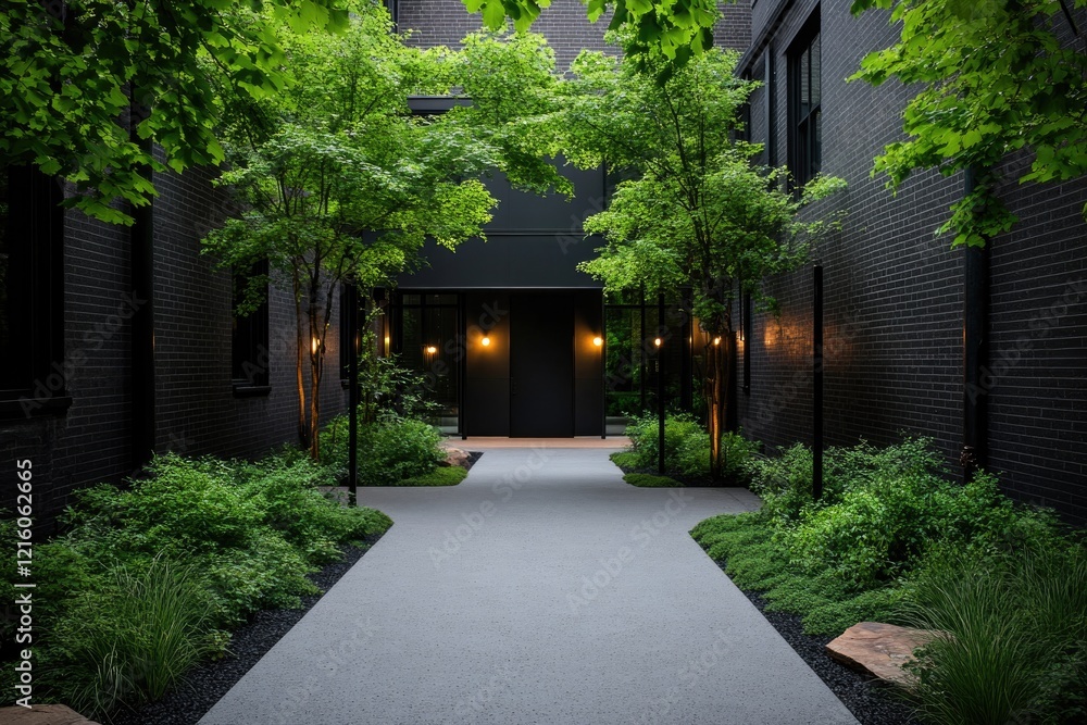 hidden courtyard in heart of city filled with greenery and ambient lighting offering moment of tranquility amidst urban hidden courtyard in heart of city filled with greenery and ambient lighting offering moment of tranquility amidst urban