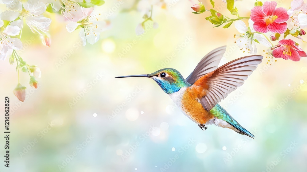 Fototapeta premium A dynamic portrait of a hovering hummingbird with iridescent feathers, frozen mid-flight against a blurred floral background.