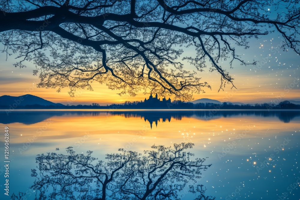 Serene Sunset over a Calm Lake Reflected in Still Waters Serene Sunset over a Calm Lake Reflected in Still Waters