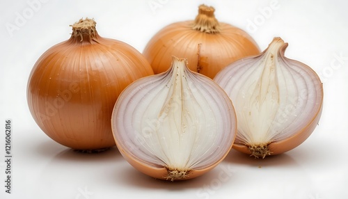 Wallpaper Mural Close-up view of three yellow onions, two whole and one cut in half, showcasing their layered structure and texture on a clean white background. Torontodigital.ca