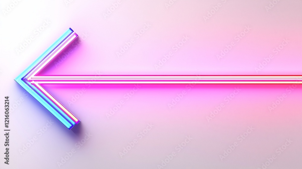 Neon arrow pointing left, vibrant pink and blue hues on white background. Neon arrow pointing left, vibrant pink and blue hues on white background.