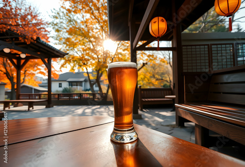 Beer glass on wooden table, outdoor beer garden, autumn trees, golden hour sunlight, cozy atmosphere, wooden pavilion, picnic tables, fall foliage, crisp autumn day, craft beer, rustic setting, relaxi photo