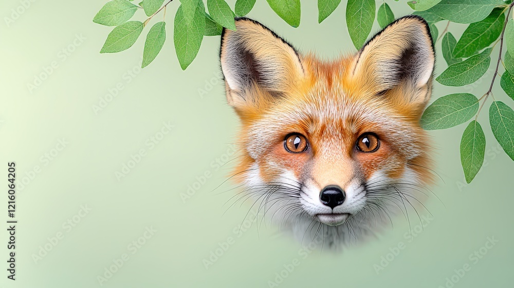 Fototapeta premium Close-up of a fox's face, showcasing its sharp features, alert ears, and intense amber eyes, framed by soft green foliage.