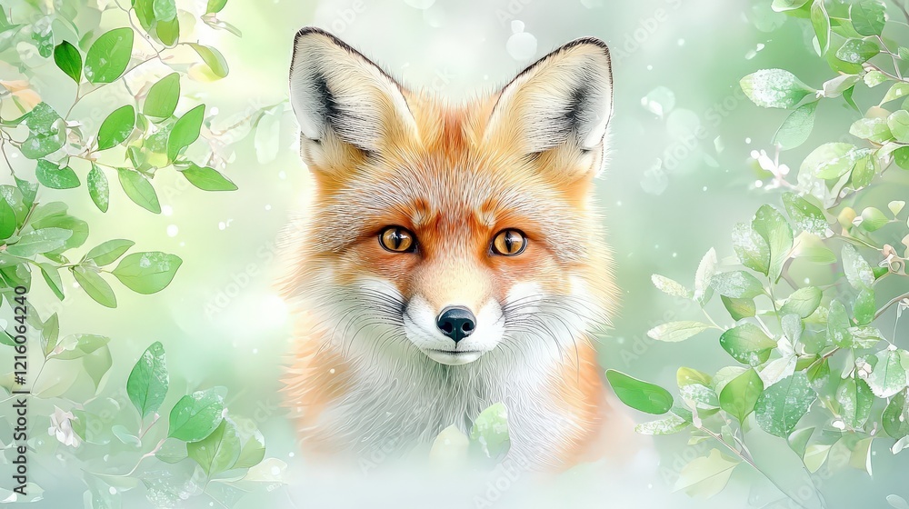 Obraz premium Close-up of a fox's face, showcasing its sharp features, alert ears, and intense amber eyes, framed by soft green foliage.