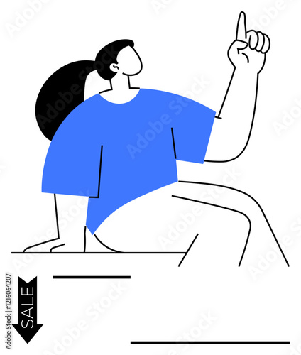 Wallpaper Mural Minimalist design of a woman pointing upward with one hand, a downward arrow with SALE, and bold lines. Ideal for retail, discounts, promotions, advertising, e-commerce, offers modern abstract line Torontodigital.ca