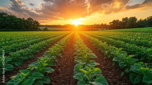 Sunset over rows of crops in a rural field
