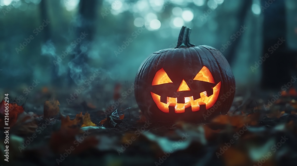 Naklejka premium Illuminated Jack-O'-Lantern in a Foggy Autumn Forest