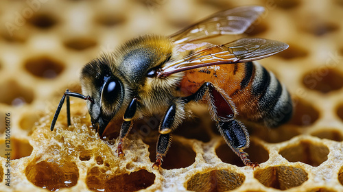 Magnificent Honeybee on Honeycomb: A Close-Up View of Nature's Wonders photo