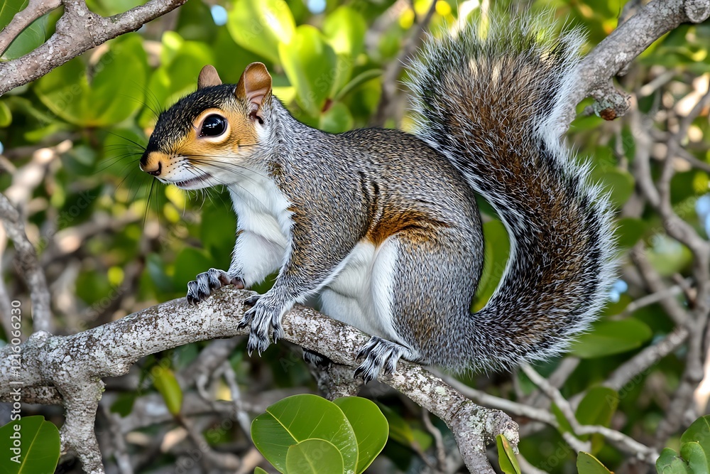 Alert Gray Squirrel Perched on Lush Tropical Branch Alert Gray Squirrel Perched on Lush Tropical Branch