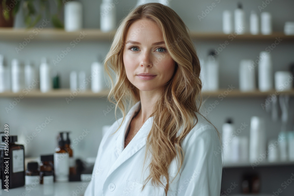 Bright and inviting cosmetic lab featuring a confident professional ready to assist clients with personalized skin care solutions Bright and inviting cosmetic lab featuring a confident professional ready to assist clients with personalized skin care solutions