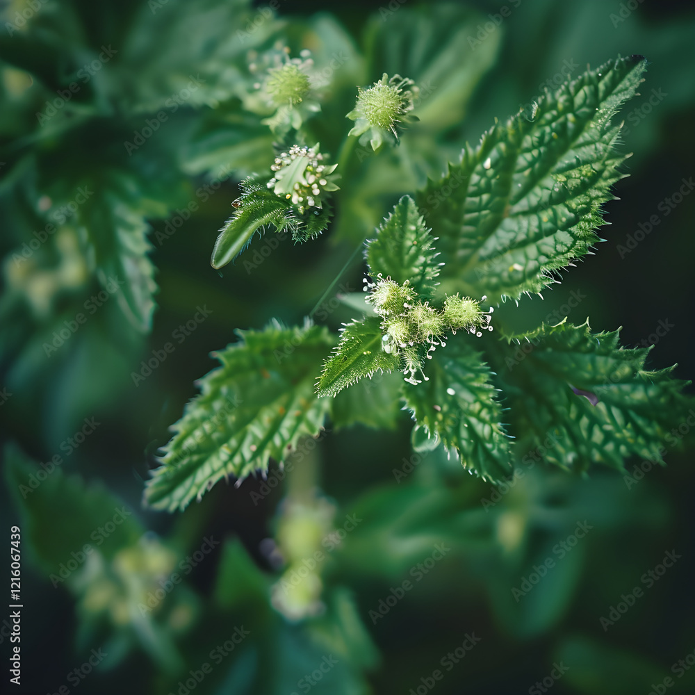 Intricate Close-Up of Lush Green Nettle Plant with Delicate White Flower Clusters Intricate Close-Up of Lush Green Nettle Plant with Delicate White Flower Clusters