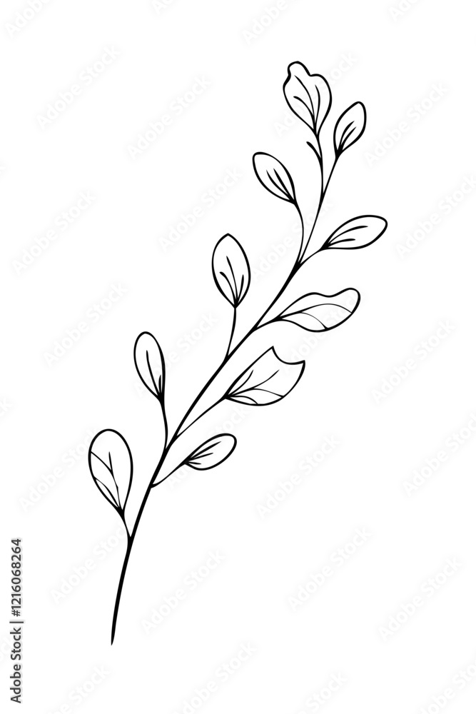 Trendy floral branch and minimalist flowers for logo or decorations. Hand drawn line wedding herb, elegant leaves for invitation save the date card. Botanical rustic trendy greenery Trendy floral branch and minimalist flowers for logo or decorations. Hand drawn line wedding herb, elegant leaves for invitation save the date card. Botanical rustic trendy greenery