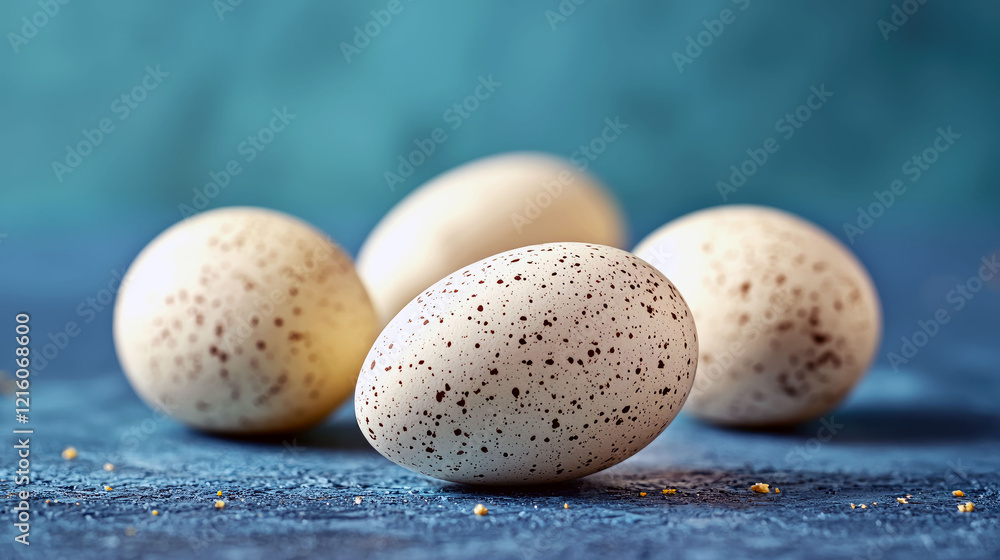 Speckled Bird Eggs: A Close-Up Macro Photography of Easter Eggs on a Blue Background Speckled Bird Eggs: A Close-Up Macro Photography of Easter Eggs on a Blue Background