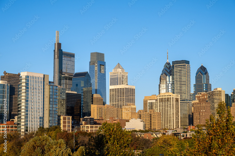The skyline of downtown Philadelphia in the warm evening light