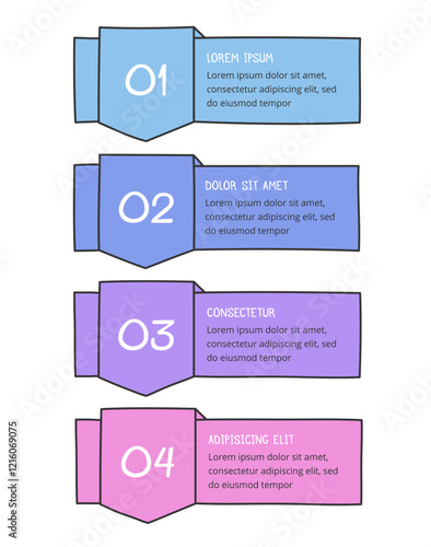 Hand drawn colored process diagram with four elements, doodle infographics, vector eps10 illustration