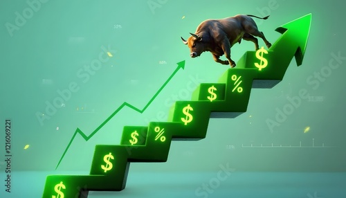 Bull Market Growth:  A 3D Rendering of a Bull Climbing a Green Upward Trend Representing Financial Success and Investment Growth photo