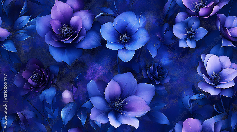 Stunning floral seamless pattern with blue and purple flowers on a dark background Stunning floral seamless pattern with blue and purple flowers on a dark background