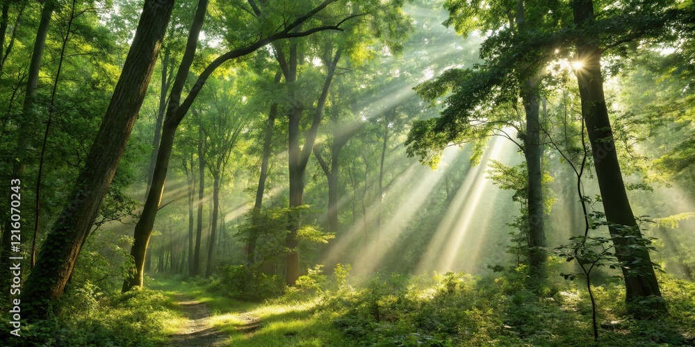 Sunbeams Illuminate a Mystical Forest Path at Dawn, Casting an Enchanting Glow on Lush Greenery Sunbeams Illuminate a Mystical Forest Path at Dawn, Casting an Enchanting Glow on Lush Greenery