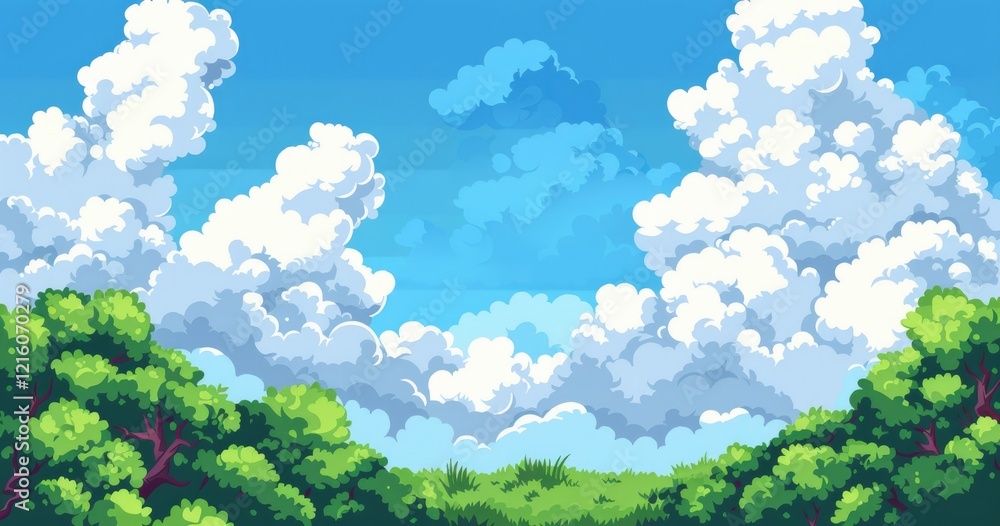 Fototapeta premium A vibrant landscape featuring lush green foliage under a bright blue sky with fluffy clouds.