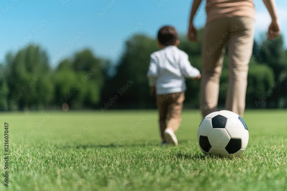 parent and child playing soccer in park their joyful movements reflecting importance of active family time parent and child playing soccer in park their joyful movements reflecting importance of active family time