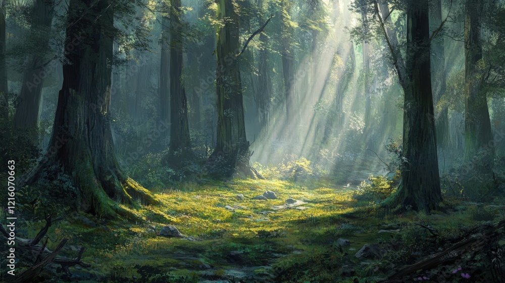 Obraz premium Sunlit Forest Path Through Tall Trees