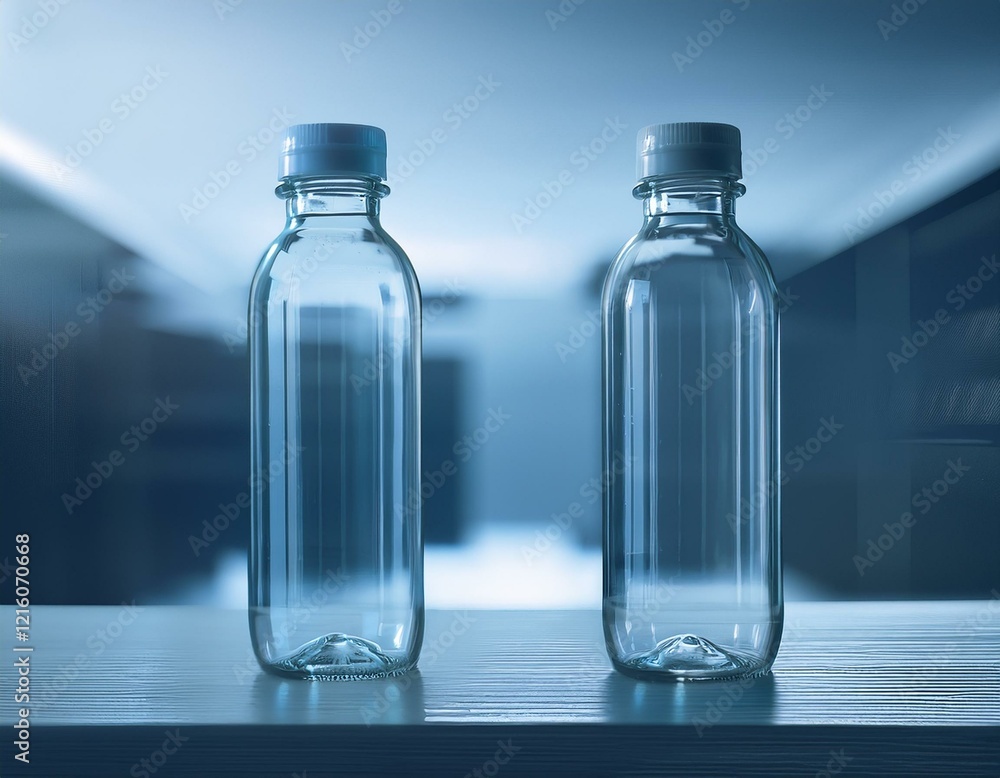 Transparent plastic bottles opposite each other on a white table for customizable label design in a minimalist studio setting. Transparent plastic bottles opposite each other on a white table for customizable label design in a minimalist studio setting.