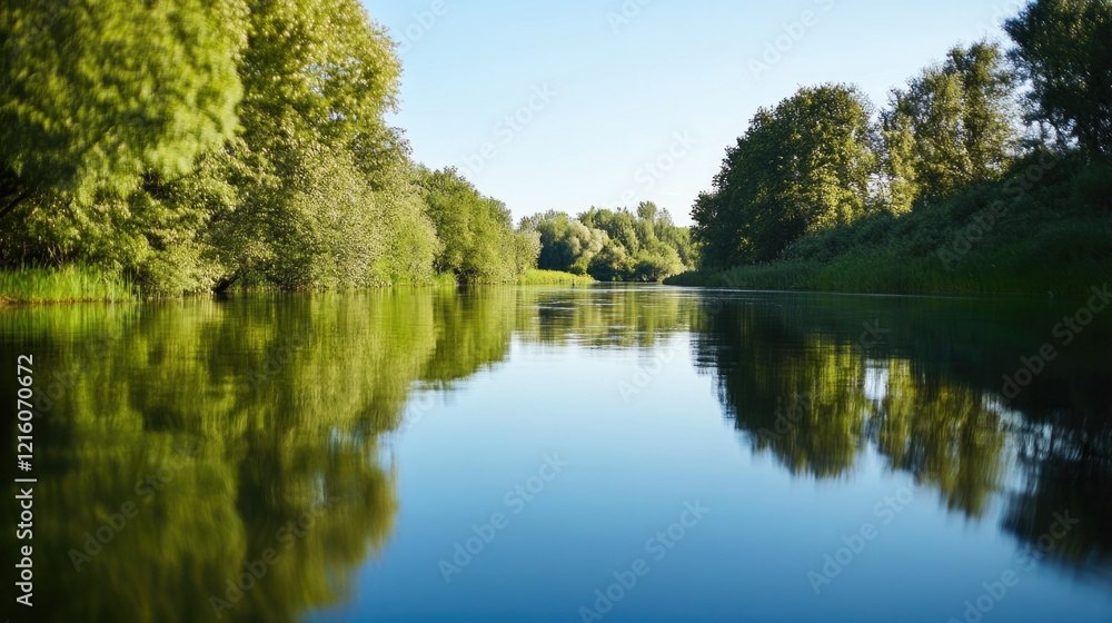 peaceful riverbank lined with blossoming trees and reflected in still waters providing generous copy space peaceful riverbank lined with blossoming trees and reflected in still waters providing generous copy space