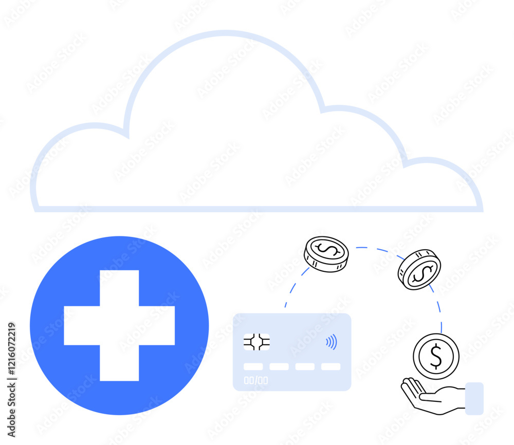 Cloud above, healthcare cross, and credit card with coins being transferred. Ideal for digital health, secure payments, online transactions, medical cost management, cloud computing, financial Cloud above, healthcare cross, and credit card with coins being transferred. Ideal for digital health, secure payments, online transactions, medical cost management, cloud computing, financial