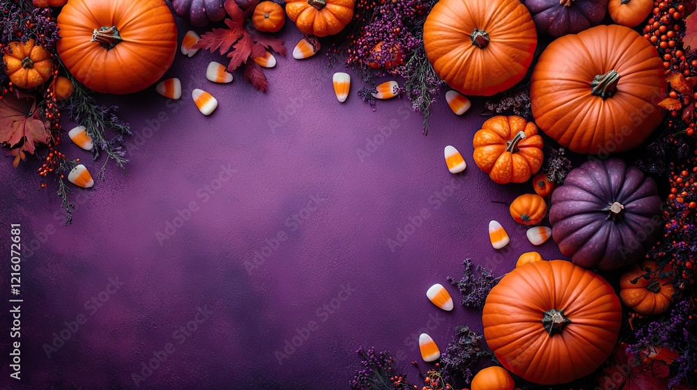 A festive Halloween setup featuring pumpkins, candy corn, and spooky decorations on a vibrant purple and white background, perfect for a spooky celebration A festive Halloween setup featuring pumpkins, candy corn, and spooky decorations on a vibrant purple and white background, perfect for a spooky celebration
