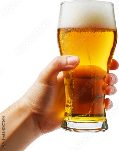 Isolated hand holding a glass of clear beer with foam on a transparent background. Transparent png.
