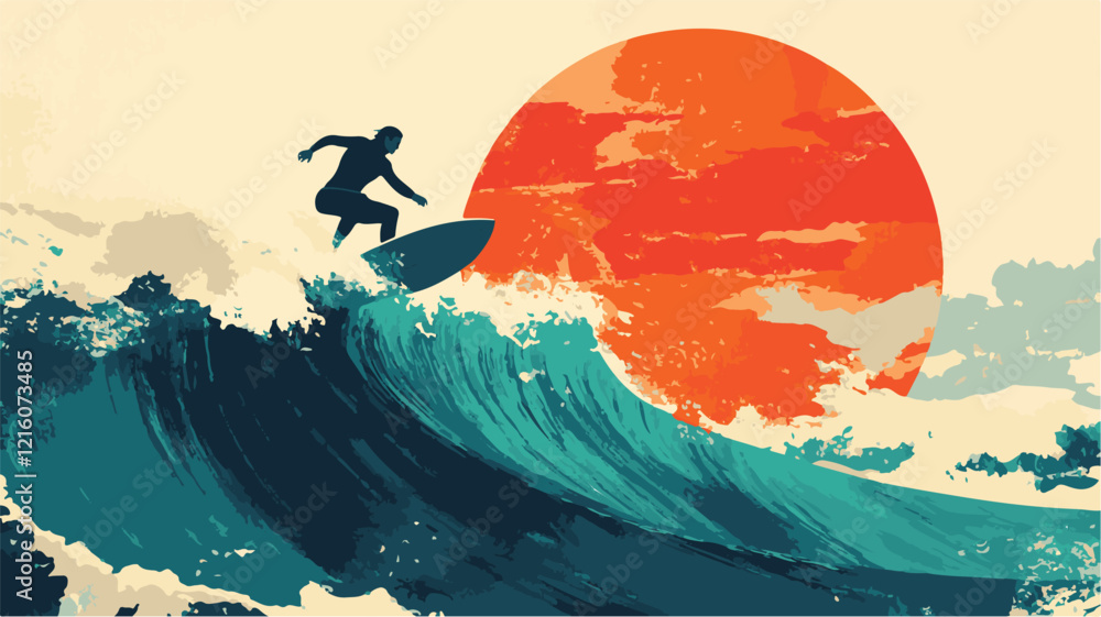 Fototapeta premium Surfer Riding a Wave at Sunset – Vibrant Ocean Adventure, Dynamic Action, and Inspirational Vector Illustration.