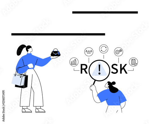 Woman analyzes business risks using a magnifying glass and icons for data, teamwork, settings, reports. Ideal for decision-making, problem-solving, corporate strategy, management, analytics