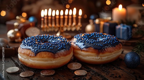 A festive Hanukkah setup featuring a menorah, dreidels, coins, and gifts. Two sufganiyah donuts add to the joyful holiday atmosphere with blue decorations symbolizing the celebration photo