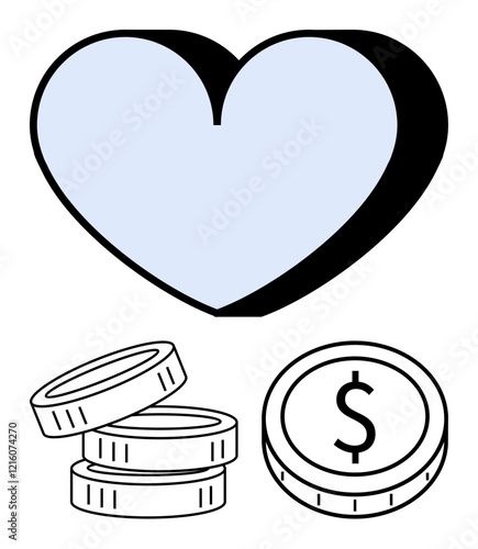 Heart symbol above coins highlights emotional attachment to finances, investment, and value. Ideal for finance, healthcare, charity, savings, philanthropy relationships and well-being. Abstract