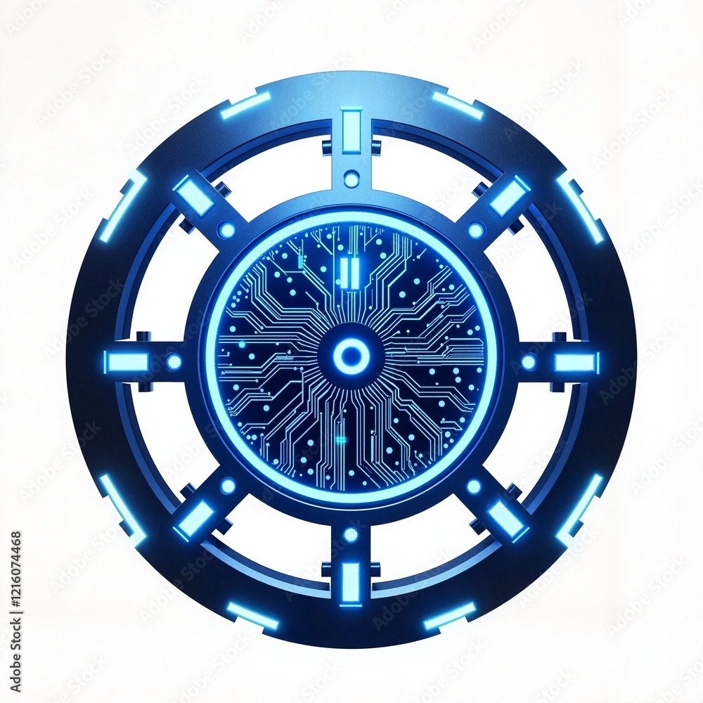 Obraz premium Futuristic Blue Circuit Board Design with Glowing Center on White Background