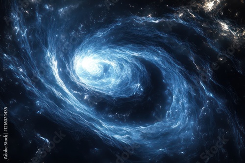 Abstract representation of dark matter swirling in the cosmos, creating a vortex of energy that distorts the surrounding space, with hints of unknown dimensions intermingling