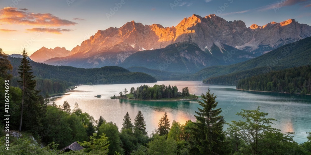 Fototapeta premium Serene Sunset over a Mountain Lake with a Small Island