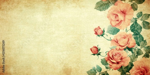 Vintage Floral Background with Peach Roses and Aged Paper Texture