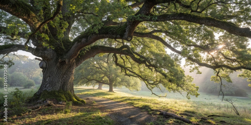 Majestic ancient oak trees grace a sunlit path, creating a serene and tranquil woodland scene. Majestic ancient oak trees grace a sunlit path, creating a serene and tranquil woodland scene.