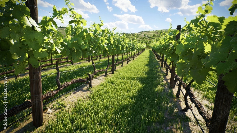 Vineyard rows sunny hillside, green grass, winemaking Vineyard rows sunny hillside, green grass, winemaking