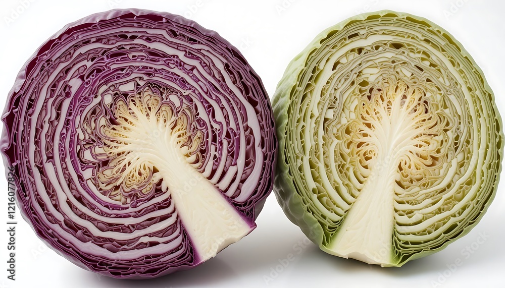 Close-up view of a halved red cabbage and a halved green cabbage, showcasing their intricate inner structures and vibrant colors against a stark white background.
