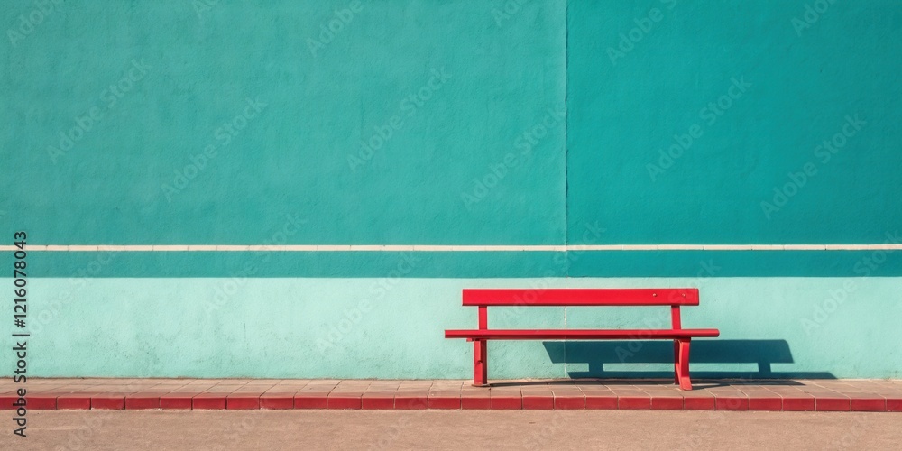 Naklejka premium A vibrant red bench sits serenely against a two-toned teal wall, a minimalist scene of urban simplicity