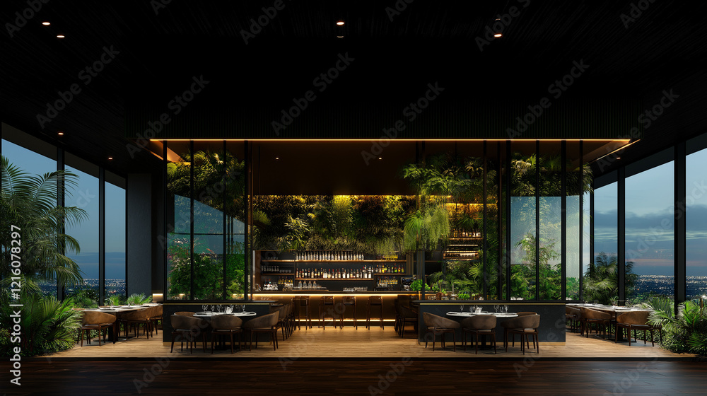 Obraz premium Modern Restaurant Interior: A sleek and modern restaurant interior featuring a bar and dining area, illuminated with warm, inviting light. The space is filled with lush greenery.
